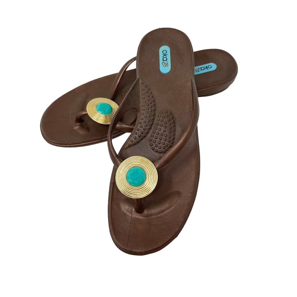 Okabee Oka B USA Brown Faux‎ Turquoise Gem Sandal Flip Flop Size L (9-10)